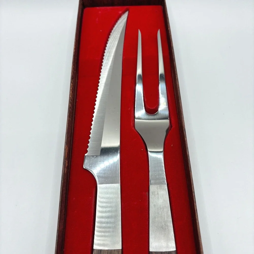 VTG Burnco Stainless Steel Japan Carving Set Rosewood Handles Knife Fork Boxed